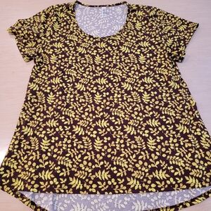 LuLaRoe Chartreuse Leaf Print Short Sleeve Brown Top 2XL Plus Size